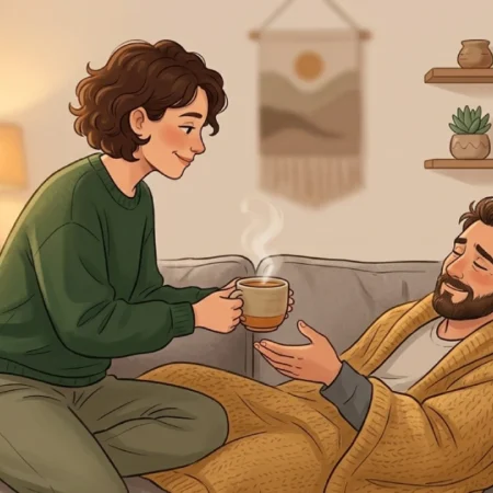 A caring partner showing wifekivers behavior by bringing comfort to their loved one at home