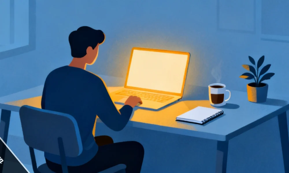 Person in deep focus during a woeken session at a clean minimal desk