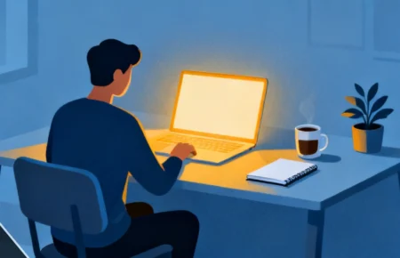 Person in deep focus during a woeken session at a clean minimal desk