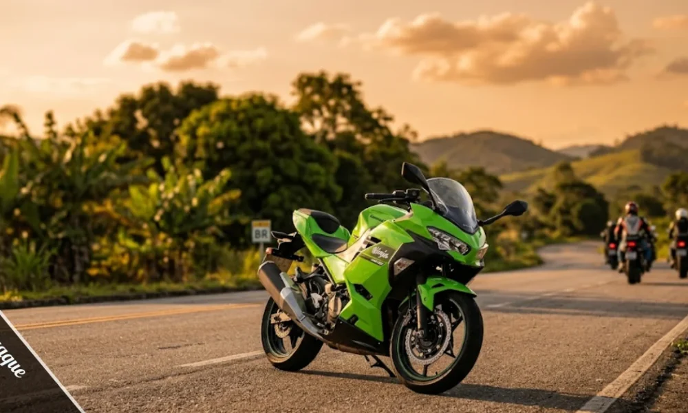 Lime green Kawasaki Ninja motorcycle known as Cavazaque parked on an open Brazilian road at golden hour
