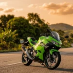 Lime green Kawasaki Ninja motorcycle known as Cavazaque parked on an open Brazilian road at golden hour