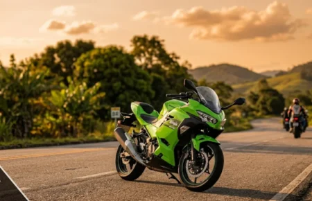 Lime green Kawasaki Ninja motorcycle known as Cavazaque parked on an open Brazilian road at golden hour