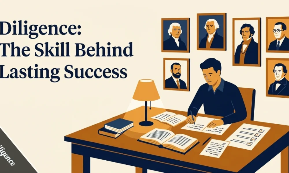 Famous people known for diligence — Edison, Buffett, Curie and others at a desk representing hard work, verification and careful effort