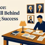 Famous people known for diligence — Edison, Buffett, Curie and others at a desk representing hard work, verification and careful effort
