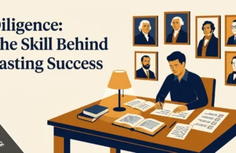 Famous people known for diligence — Edison, Buffett, Curie and others at a desk representing hard work, verification and careful effort