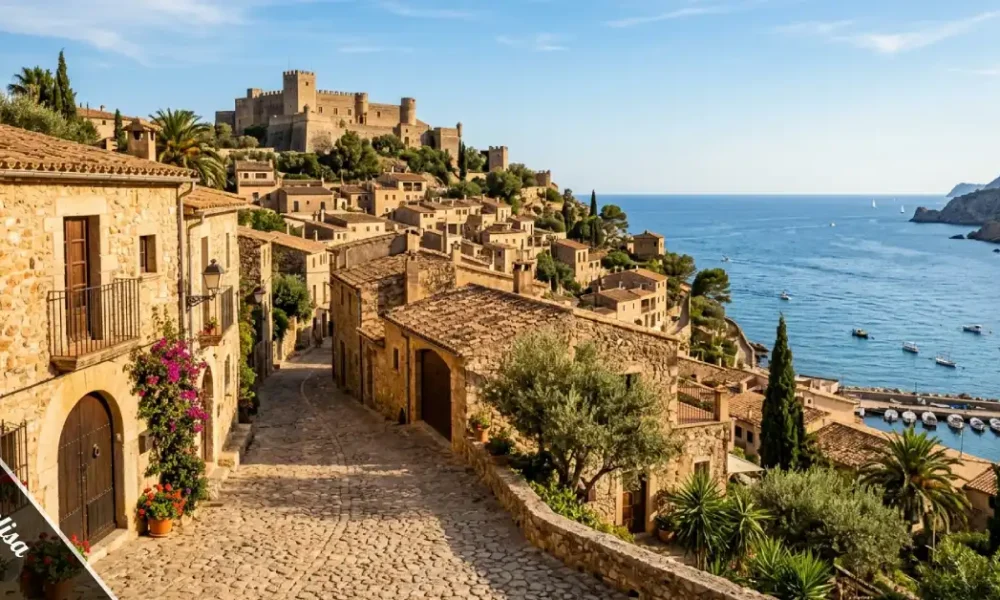 Coastal view of Napolisa with cobblestone streets and a hilltop fortress above the shoreline