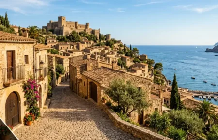 Coastal view of Napolisa with cobblestone streets and a hilltop fortress above the shoreline
