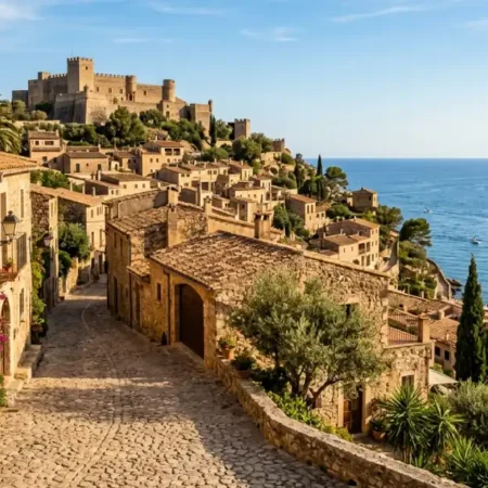 Coastal view of Napolisa with cobblestone streets and a hilltop fortress above the shoreline