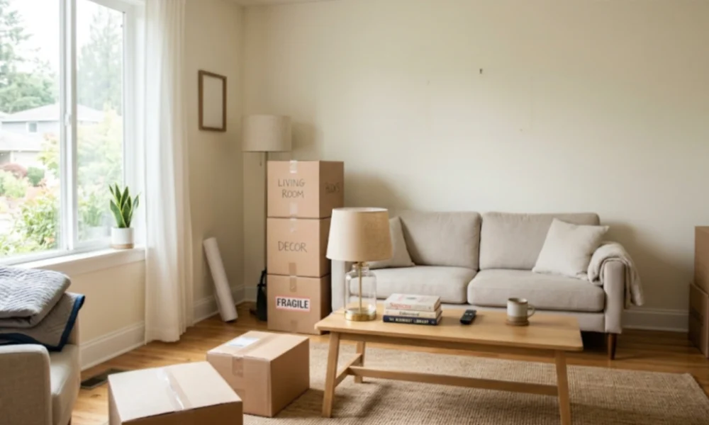 Cardboard boxes stacked in a living room during packing rooms in a specific order process