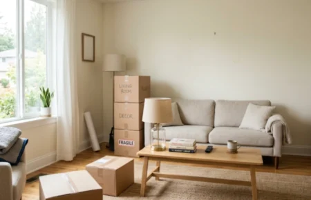 Cardboard boxes stacked in a living room during packing rooms in a specific order process