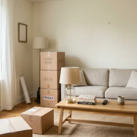 Cardboard boxes stacked in a living room during packing rooms in a specific order process