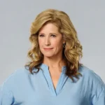 Nancy Travis, mid-50s, smiling in a casual linen blazer on a sunlit Brentwood patio, embodying the quiet confidence behind her $5 million net worth.